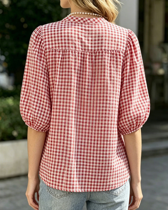 Blouse Ruitprint Pofmouw Korte Mouw