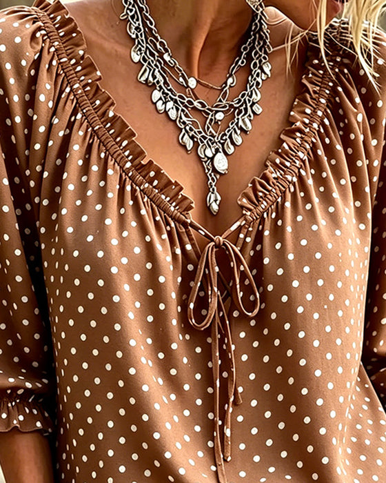 Blouse V-Hals Ruffle Polka Dot Strik
