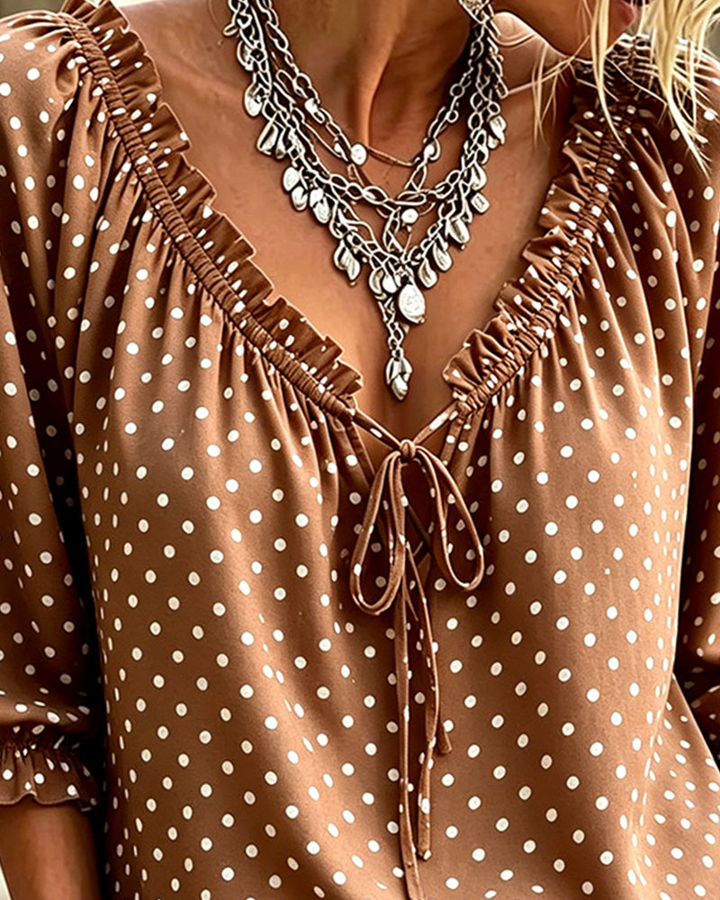 Blouse V-Hals Ruffle Polka Dot Strik
