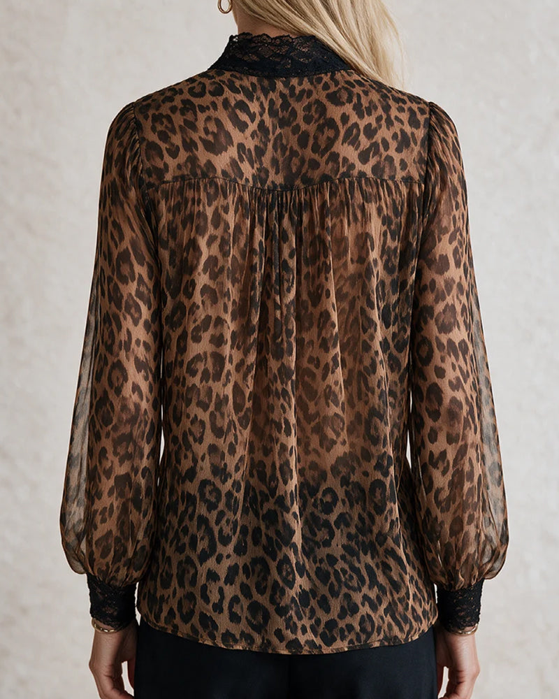 Blouse V-Hals Luipaard Lange Mouw