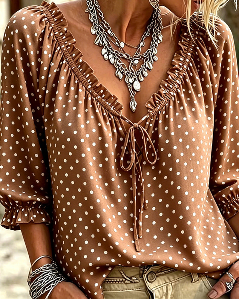 Blouse V-Hals Ruffle Polka Dot Strik