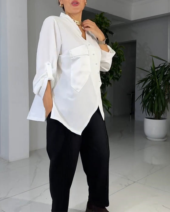 Shirt Effen Kleur Onregelmatige Knopen