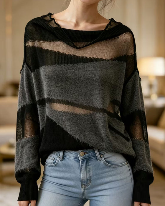 Pullover Contrastkleur Transparant Langmouw Trui