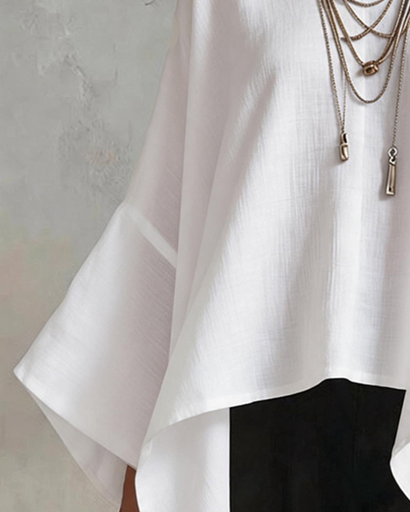 Blouse V-Hals Onregelmatige Vleermuismouw Los