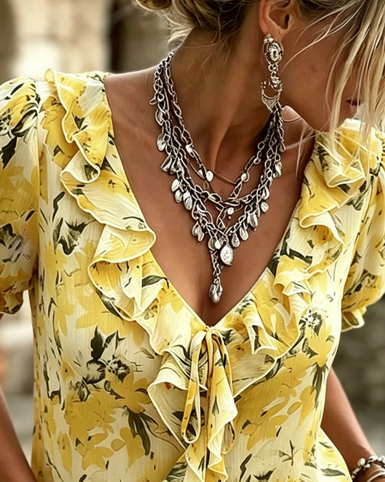 Blouse V-Hals Ruffle Ballon Mouw