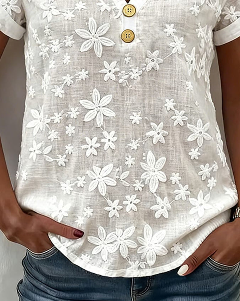 Blouse Effen 3d Bloemen V-Hals