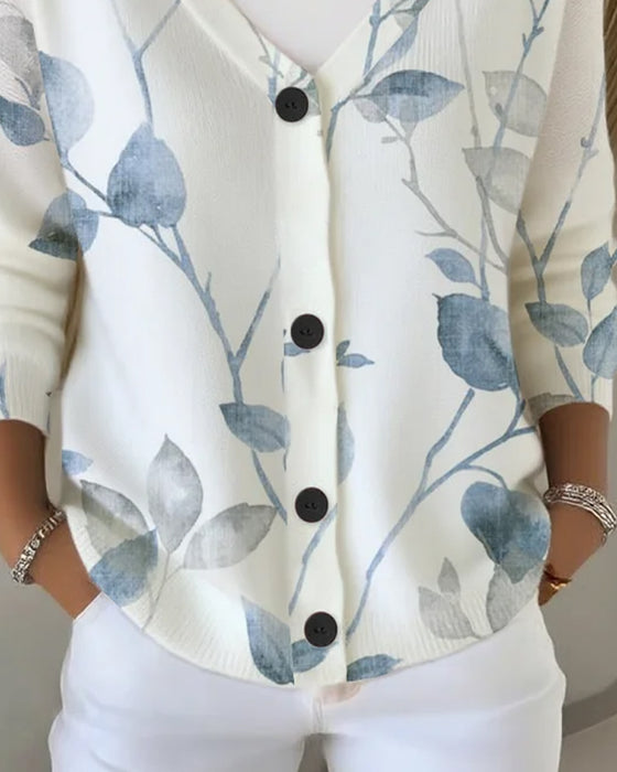 Pullover V-Hals Knoop Blad Print