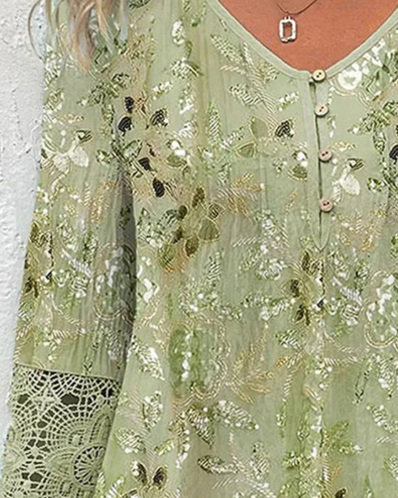 Blouse Kant Patchwork Bloemen V-Hals