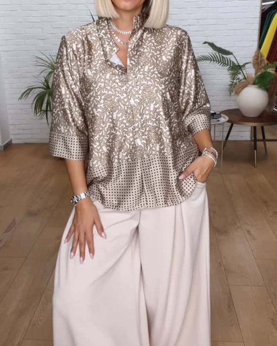 Blouse Met Staande Kraag En Bedrukt Satin