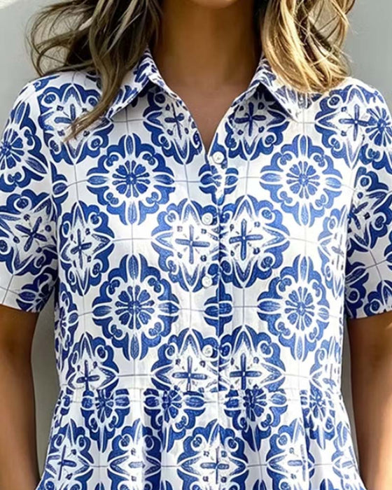 Jurk Overhemdkraag Zak Print