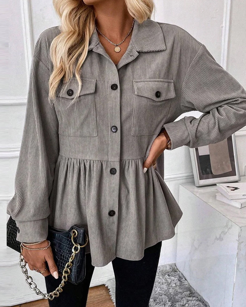 Top Met Zak Detail, Corduroystof En Knopontwerp