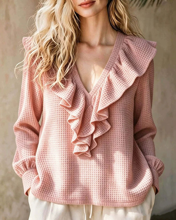 Blouse Wafelgebreid V-Hals Ruffle