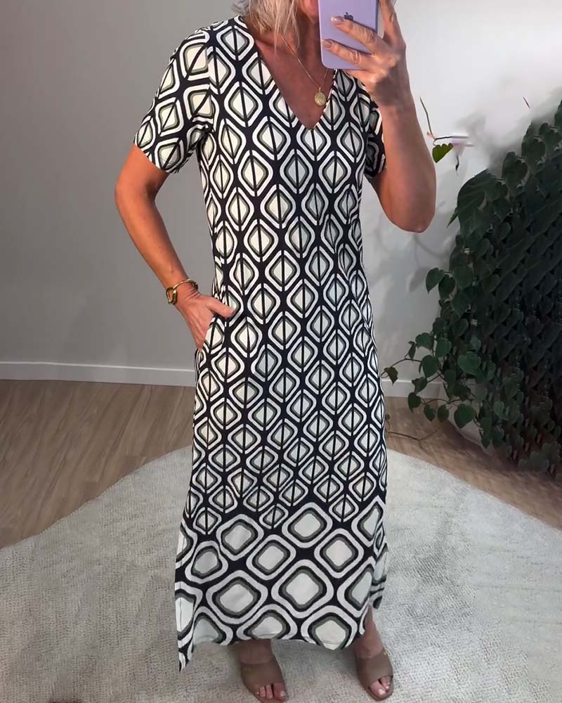 Jurk V-Hals Geometrisch Kortmouwig