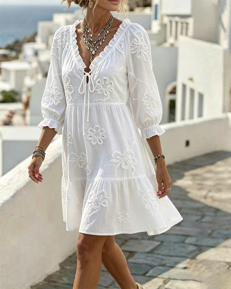 Jurk V-Hals Ruffle 3D Bloemen