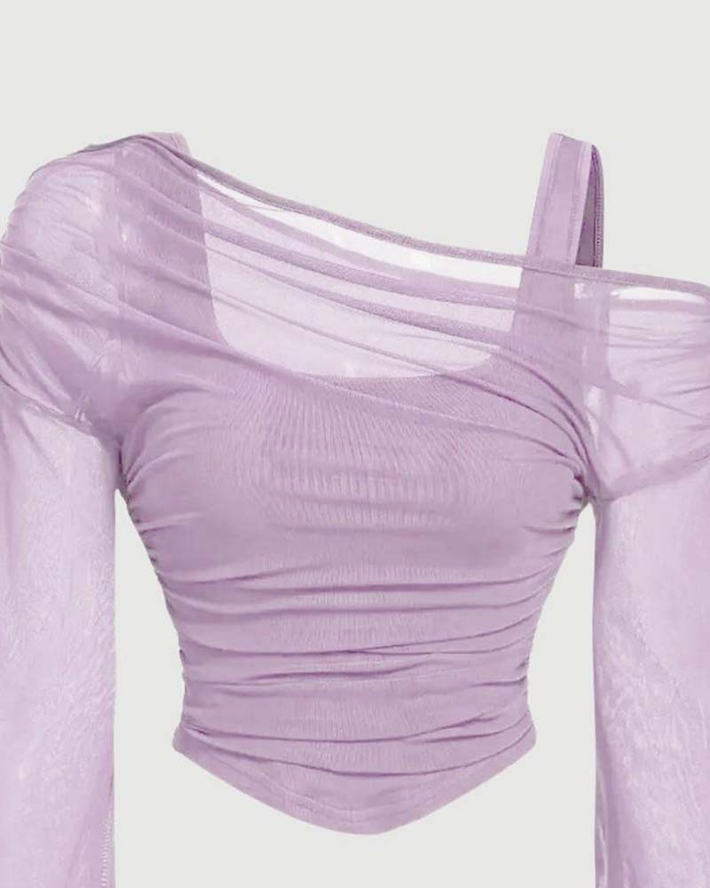 Blouse Gaas Geruwd Lange Mouw Cami