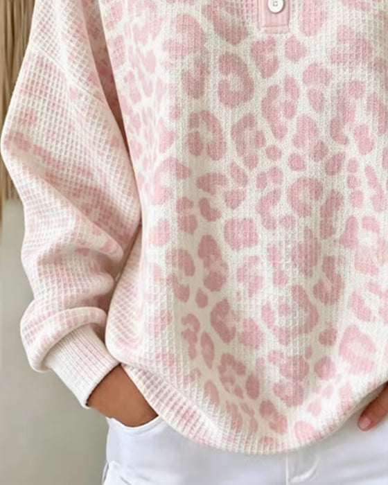 Sweatshirt Ronde-Hals Knoop-Down Luipaard Casual