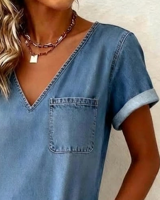 Jurk Denim V-hals Korte Mouw Shift