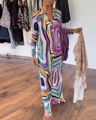 Jurk met diepe V-print en lange zoom