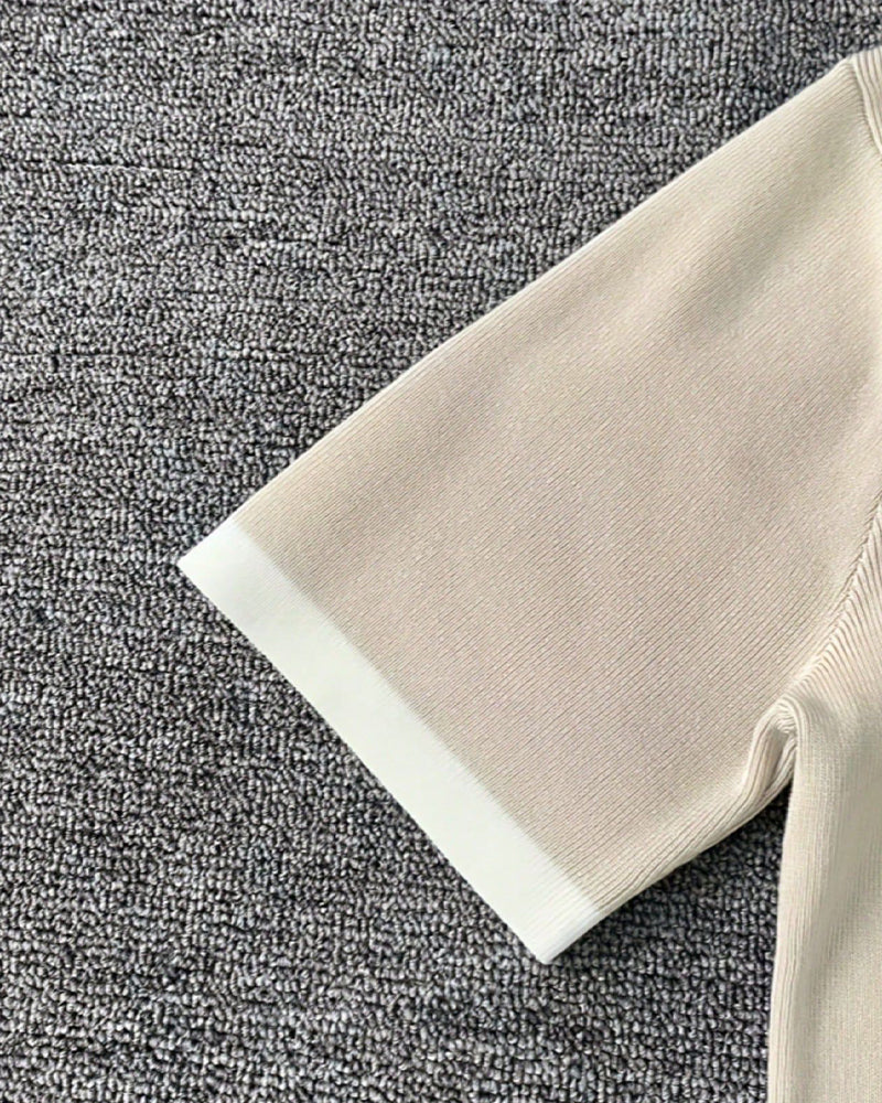 Blouse Contrastkleur Klinkende Kraag Korte Mouw