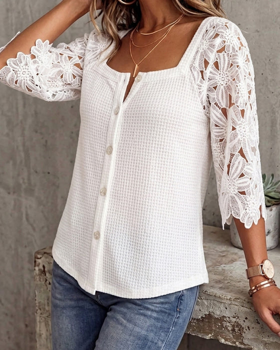 Blouse Kant Paneel Wafelbreisel Knoop-Voor