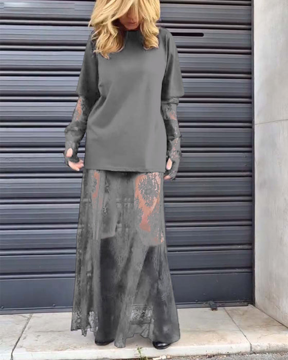 Tweedelige set: effen T-shirt en kanten rok