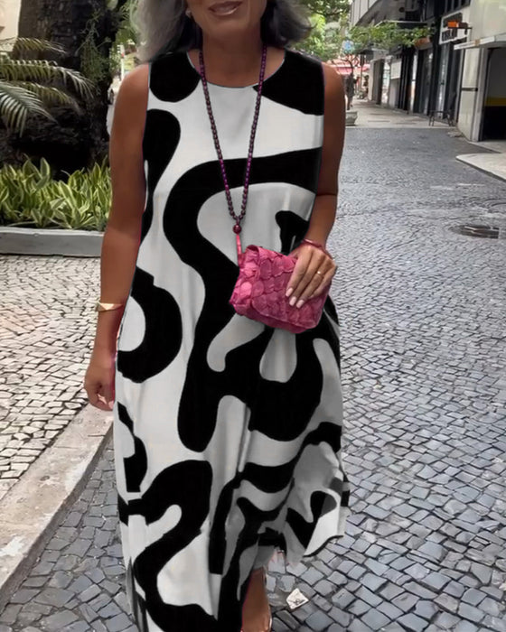 Ronde Hals Mouwloze Jurk Met Geometrische Print