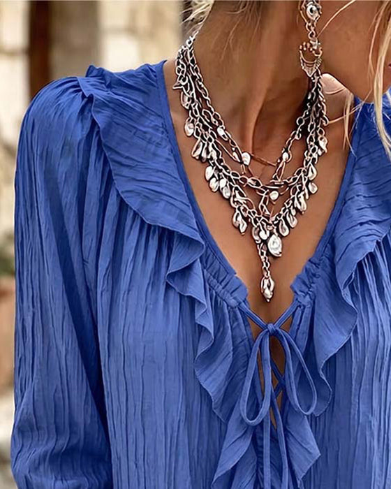 Blouse Ruche Afwerking Vetersluiting Lange Mouw