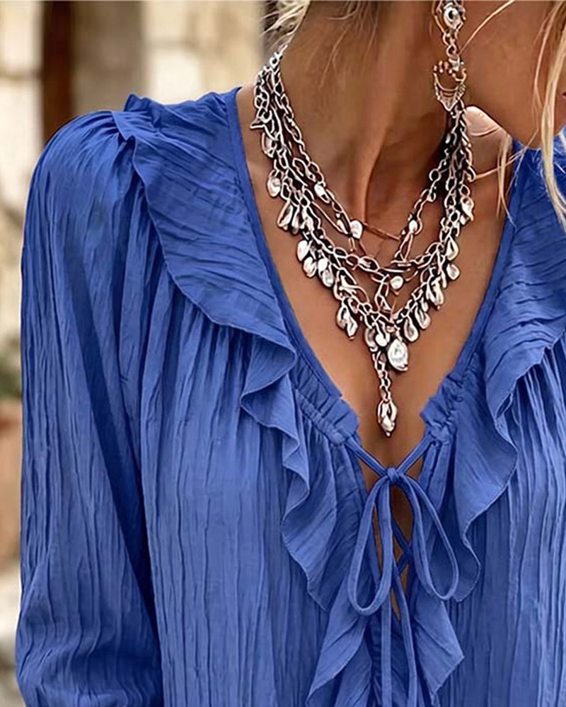 Blouse Ruche Afwerking Vetersluiting Lange Mouw