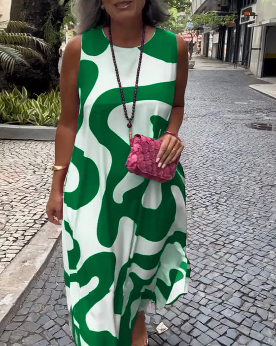 Ronde Hals Mouwloze Jurk Met Geometrische Print