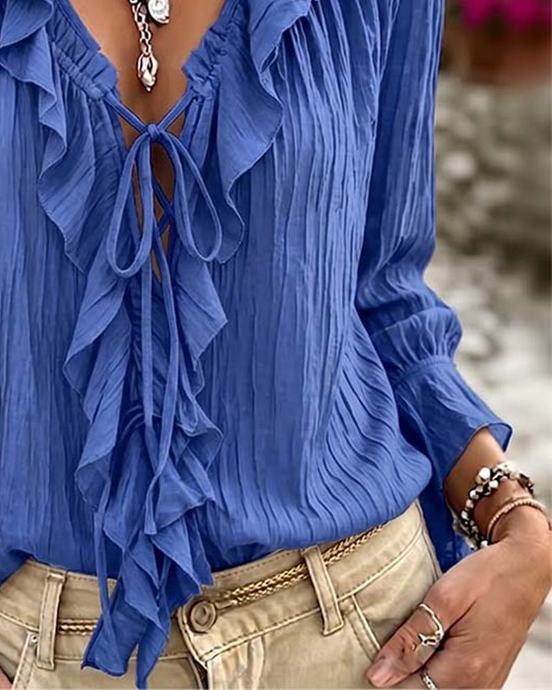 Blouse Ruche Afwerking Vetersluiting Lange Mouw