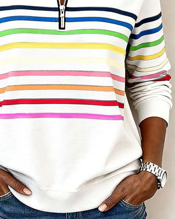 Modieuze Sweatshirt Met Halve Rits En Regenboogstrepen