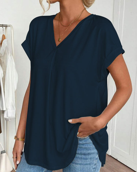 T-Shirt Met Korte Mouwen Effen Kleur Patchwork