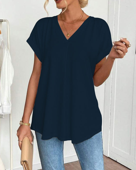 T-Shirt Met Korte Mouwen Effen Kleur Patchwork
