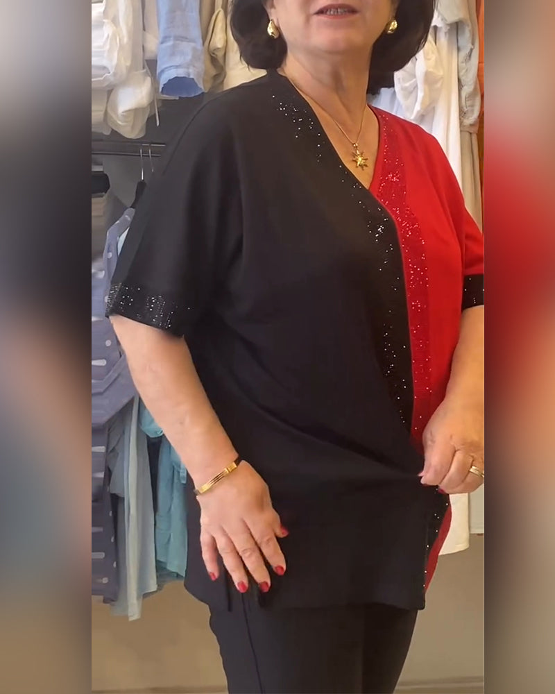 T-Shirt V-Hals Kleurblok Los