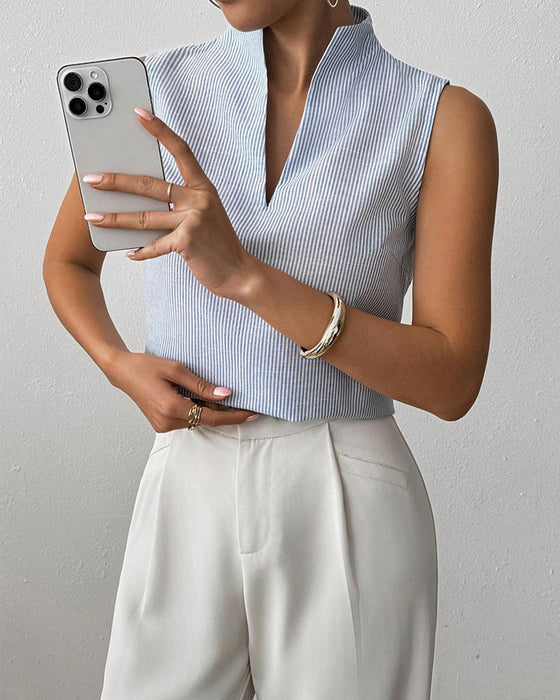 Mouwloze V-Hals Gestreepte Blouse