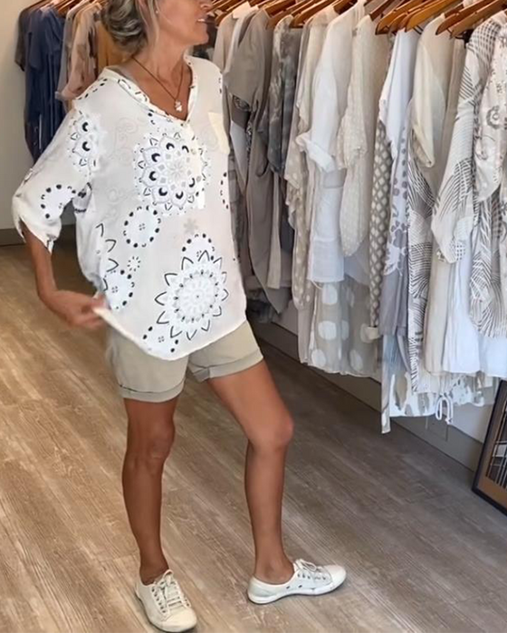 Blouse Veelzijdig V-Hals Bedrukt Halve Mouwen