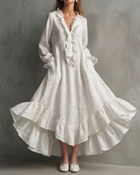 Jurk Lange Mouw Ruches V-Hals Maxi