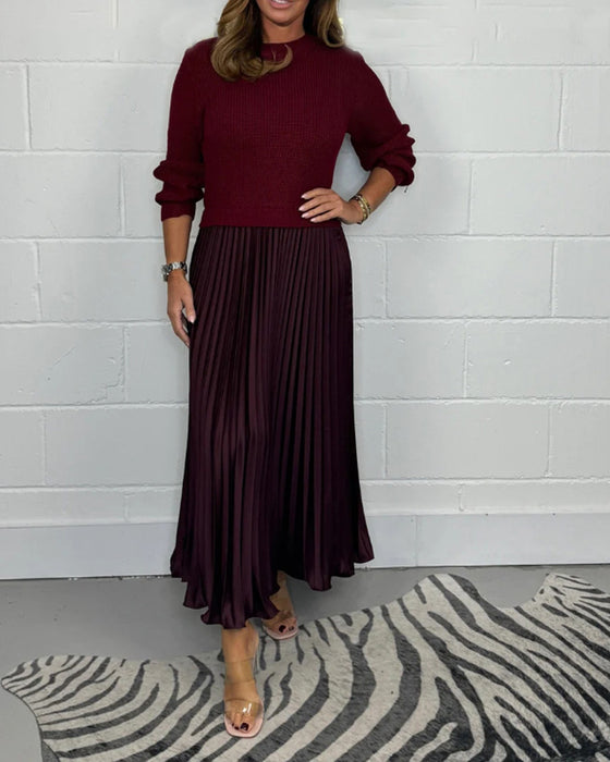 Casual contrasterende kleur jurk met patchwork en plooi