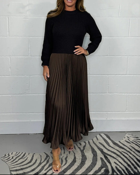 Casual contrasterende kleur jurk met patchwork en plooi