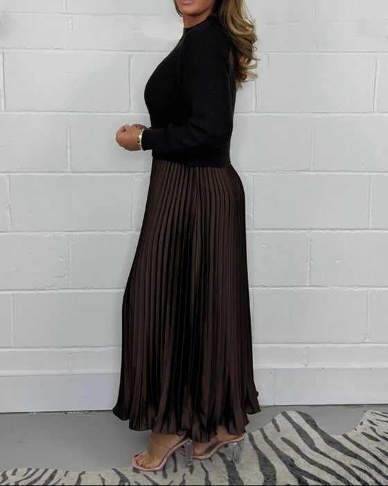 Casual contrasterende kleur jurk met patchwork en plooi