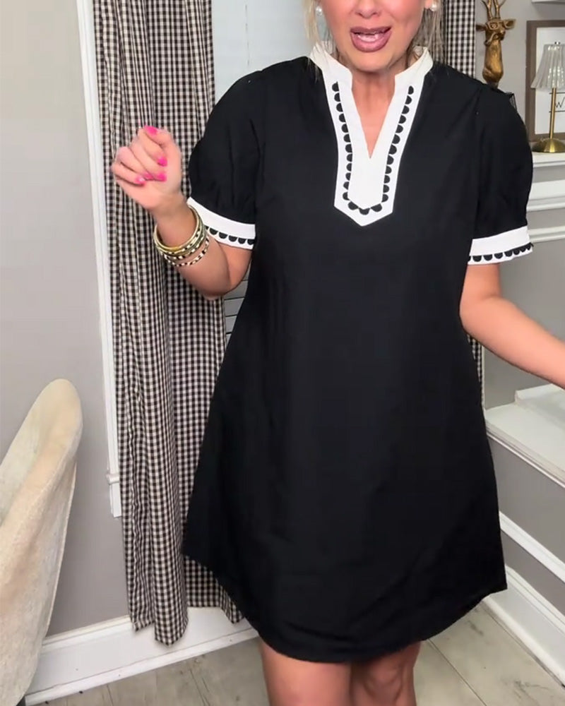 Jurk Bel Mouw Kleurenblok V-Hals