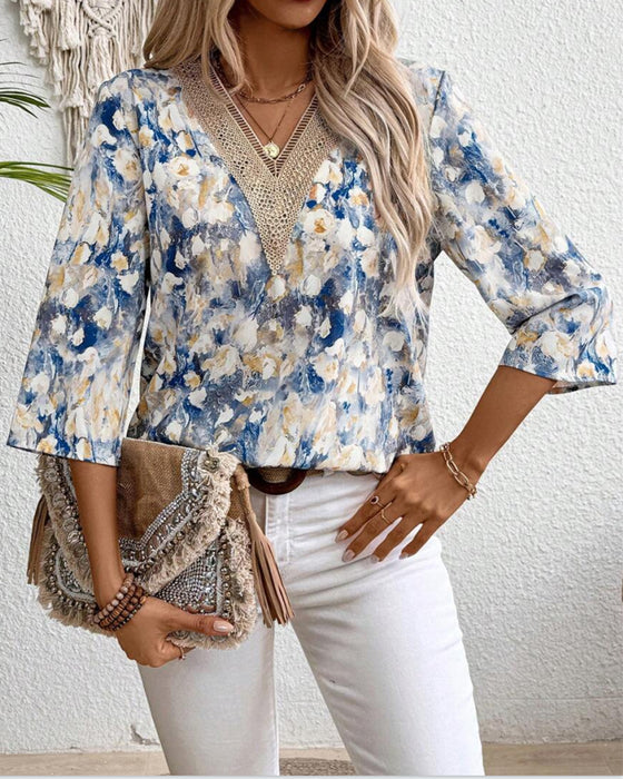 Blouse V-Hals Driekwart Mouw Bloemenprint
