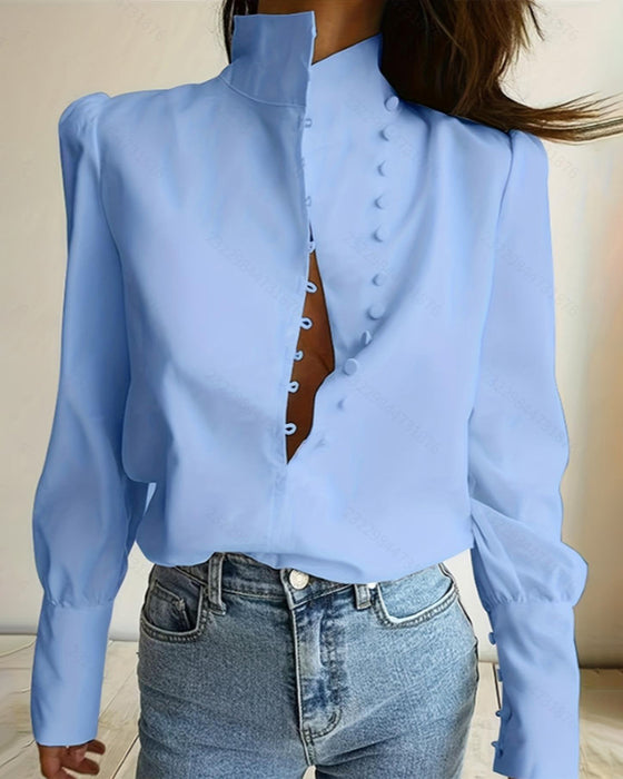 Blouse Opstaande Kraag Knoopsluiting Lange Mouw