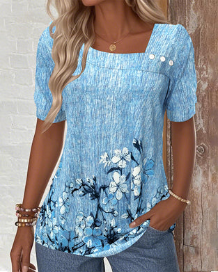 Blouse Schuine Kraag Bedrukt Met Knoopsluiting