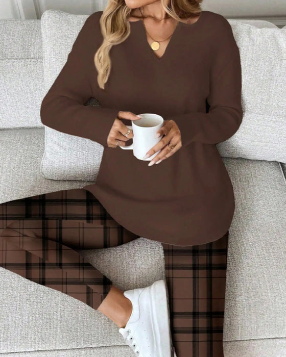 Set V-Hals Effen Top + Ruit Broek Loungewear