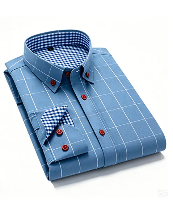 Overhemd Blauw En Wit Ruit Slag Lange Mouw