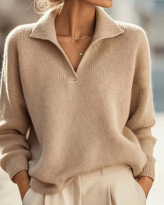 Pullover Omslagkraag Drop-Schouder Effen Lange-Mouw
