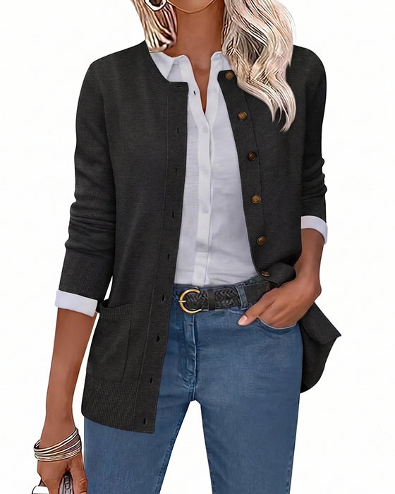 Cardigan Rondhals Knoop Lange Mouw Effen