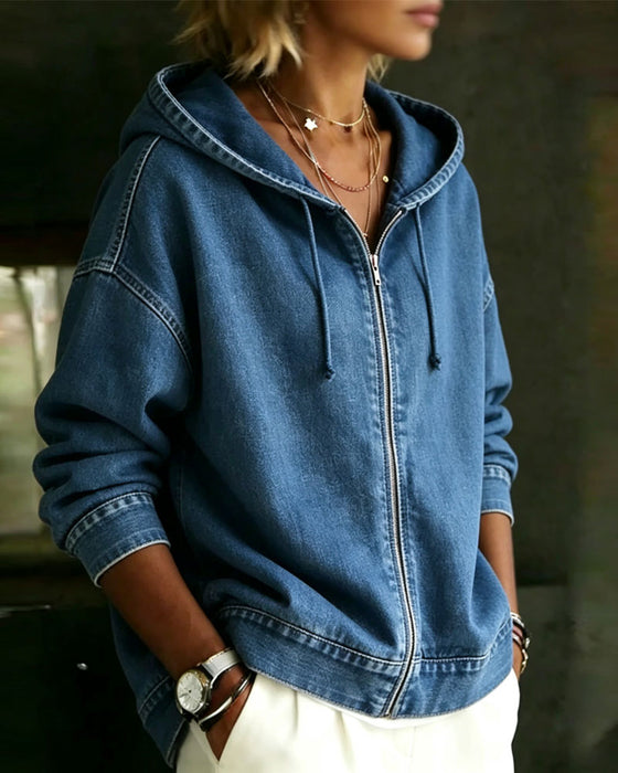 Jas Capuchon Drop-Mouw Rits Denim