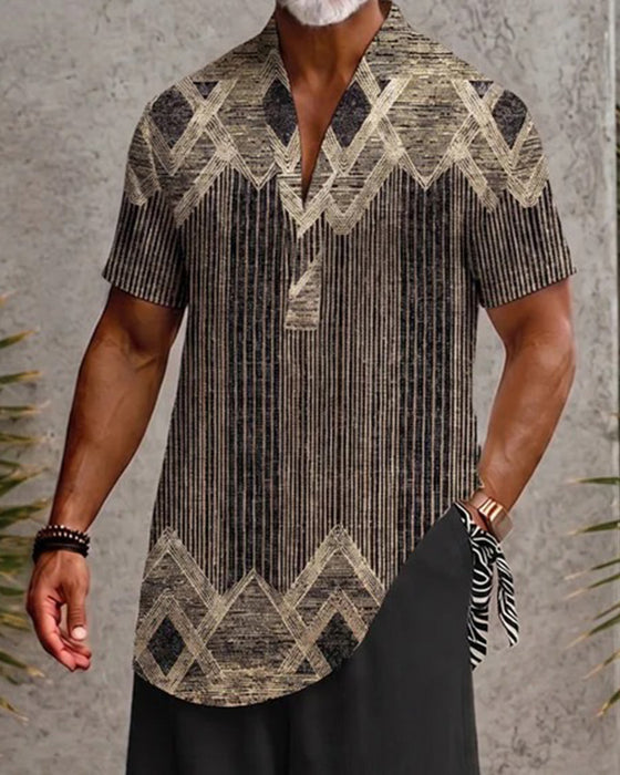 Blouse V-Hals Gestreept Heren Korte Mouw